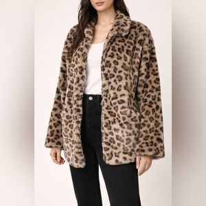 Faux Fur Leopard Print Coat - Brown